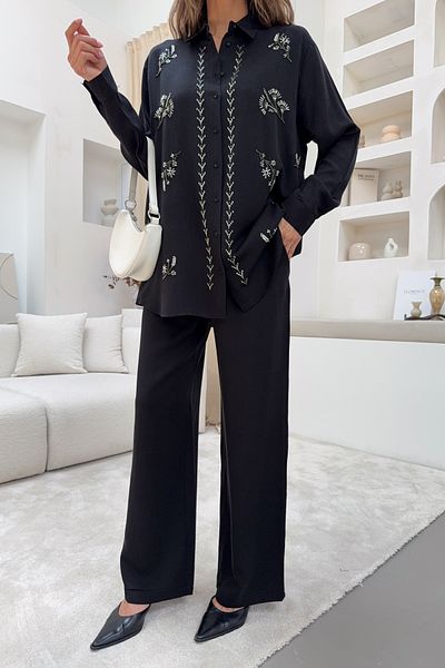 MİA NOURA Women's Front Bead Embroidered Shirt Pants Set