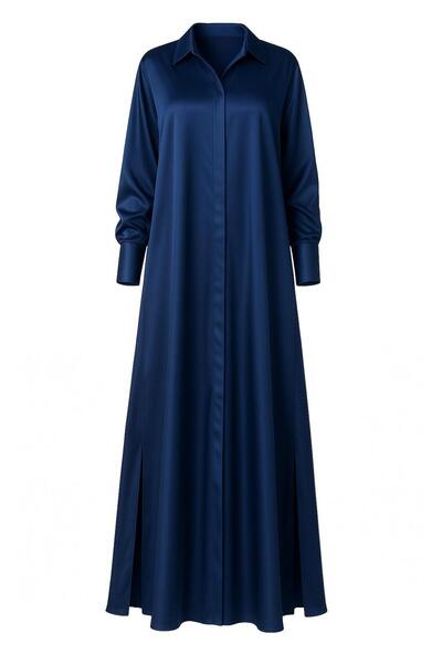 MERT ERKAN Yanlardan Yırtmaç Detaylı A-Form/Oversize Kalıp Maxi Saten Gömlek Elbise