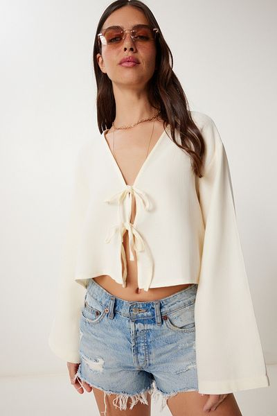 Lovelyİstanbul Tie Detailed Muslin Blouse Lfz0003 Light Yellow