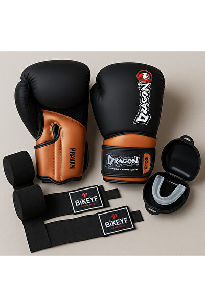 Dragondo PRAKAN Boks / Kick Boks / Muay Thai Eldiveni + Siyah 3,5 MT Bandaj + Dişlik