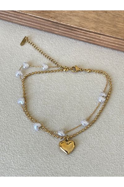 Rupen Kraft 316 L Surgical Steel Pearl Double Chain Heart Gold Model Stainless Steel Anklet
