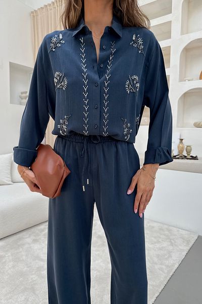 MİA NOURA Women's Front Bead Embroidered Shirt Pants Set