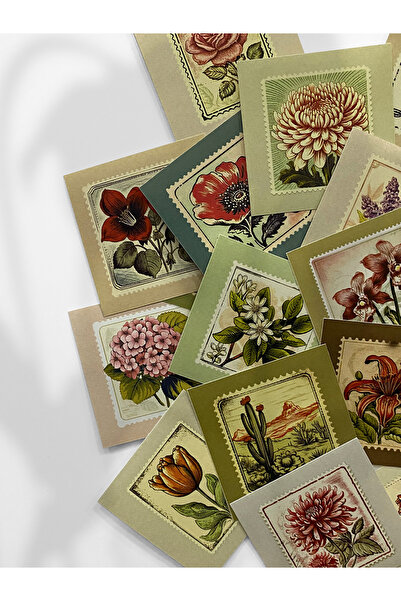 Henno Vintage Çiçek Temalı 25'li Pul Sticker Seti | Çiçek Çıkartmaları, Scrap...