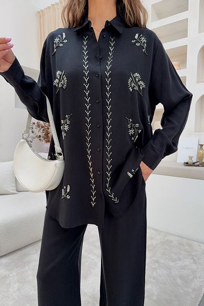 MİA NOURA Women's Front Bead Embroidered Shirt Pants Set
