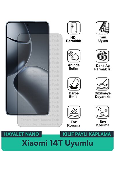 Milat Tech غطاء حماية شاشة متوافق مع هاتف Xiaomi 14T Hayalet Nano مقاوم للخدو...