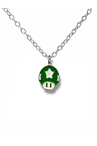 Herşey Nota Super Mario Green Power-Up Star Necklace – Shiny Metal Game Figure Jewelry with 60cm Chain
