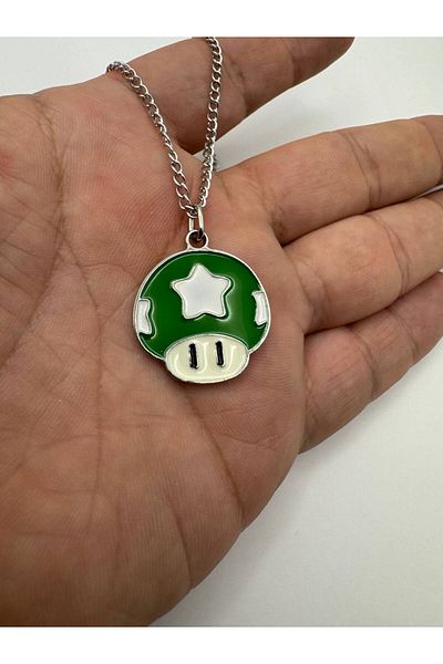 Herşey Nota Super Mario Green Power-Up Star Necklace – Shiny Metal Game Figure Jewelry with 60cm Chain