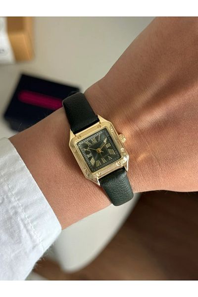 RoseandRoses Cessia Square Minimal Leather Strap Khaki Cord (Gold Case Khaki Dial)