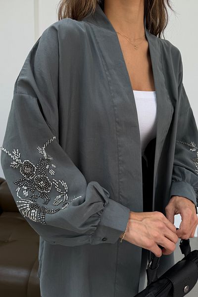 MİA NOURA Women's Kimono Back and Sleeves Beaded Tansel Fabric Kimono Pants Set