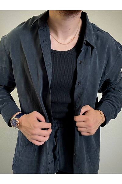 Arvens Ares Men's Navy Blue Linen Bottom Top Suit Comfortable Fit Light Fabric Shirt Pants Set