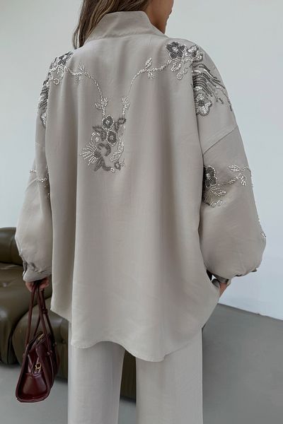 MİA NOURA Women's Kimono Back and Sleeves Beaded Tansel Fabric Kimono Pants Set