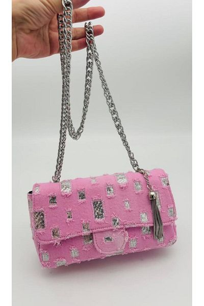 angel çanta aksesuar Accesoriu pentru geanta Angel Tesatura din denim roz cu paiete, geanta din denim cu lant