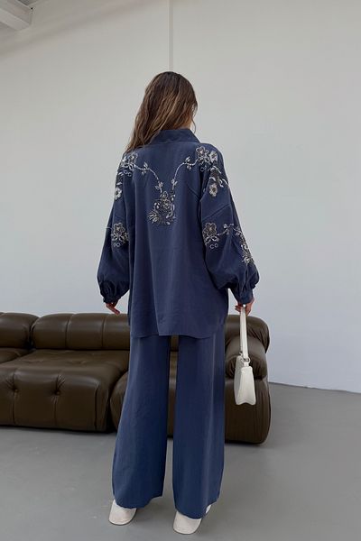 MİA NOURA Women's Kimono Back and Sleeves Beaded Tansel Fabric Kimono Pants Set