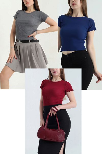 bacc Claret Red-Navy Blue-Anthracite 3 Pack Baby Overlock Crop Blouse Bcor-252003
