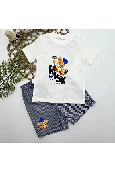 The LOG INVEST Skateboarder Bear Printed Shorts Short Sleeve T-Shirt 2-Piece Baby Boy Set Indigo