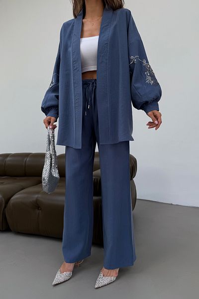 MİA NOURA Women's Kimono Back and Sleeves Beaded Tansel Fabric Kimono Pants Set