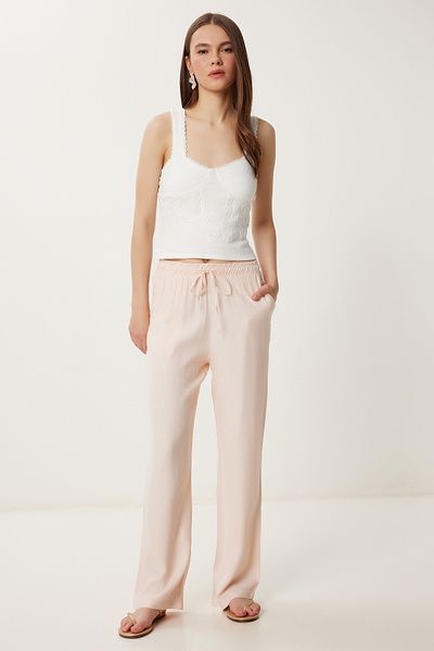 Lovelyİstanbul Patterned Summer Viscose Trousers Lwf0044 Powder