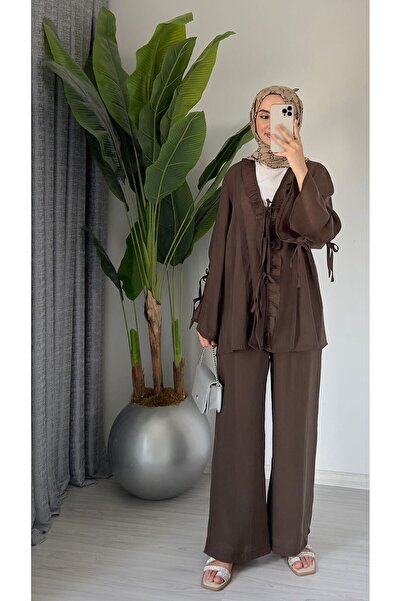 Molly Nelly Women's Summer Cotton Voile Lined Lace Detailed Trousers Blouse Set