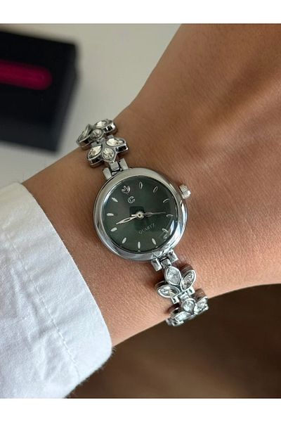 RoseandRoses Virelle New Season Stone Detailed Women's Wristwatch Silver (Green Dial)