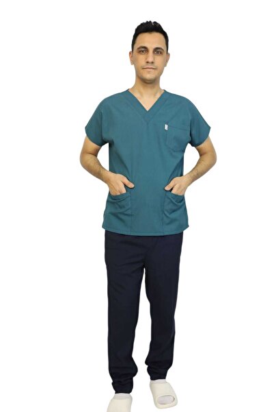 nutrix بدلة موحدة للرجال من اللون الأخضر البترولي والأزرق الداكن بأكمام طويلة من الليكرا الناعمة