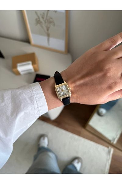 RoseandRoses Cessia Square Minimal Leather Strap Black Cord (Gold Case White Dial)