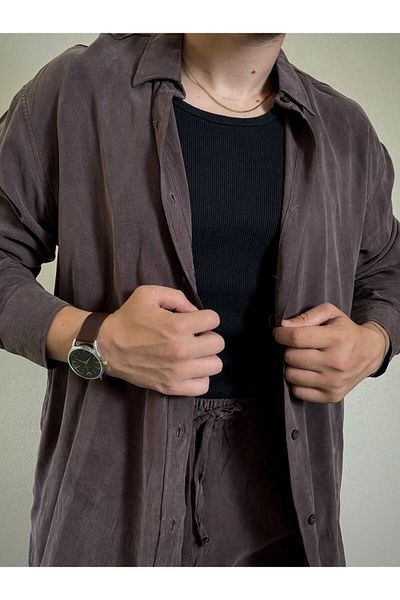 Arvens Dark Plum Ares Men's Linen Bottom Top Suit Summer Shirt and Pants Set Breathable Fabric