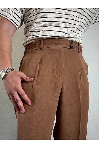 Arvens Men's Brown High Waist Pleated Fabric Baggy Trousers Modern Buttoned Stylish Side Belt