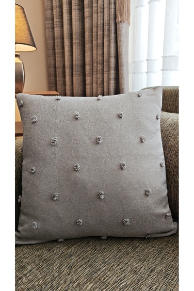 GLOMAR Gray Throw Pillow Case Pompom Linen Floor Curtain Fabric Decorative Modern Square Single Piece 43X43
