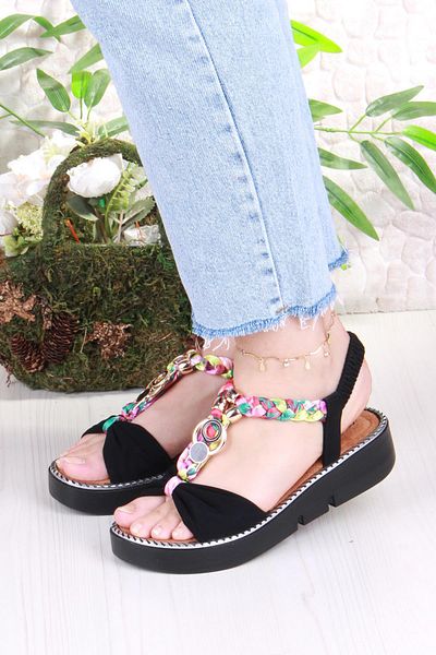 fort 079-513 Fls Buckle Detailed Rubber Tied Colorful Knitted Thick Sole Women's Sandals
