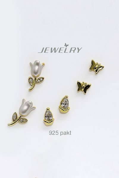MakeWell Gold and Silver Colors with 925S Sterling Silver Needle Rose and Butterfly Design 3-Piece Earring Set