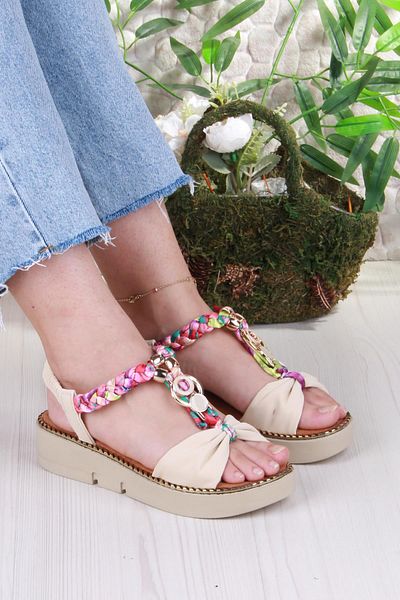 fort 079-513 Fls Buckle Detailed Rubber Tied Colorful Knitted Thick Sole Women's Sandals