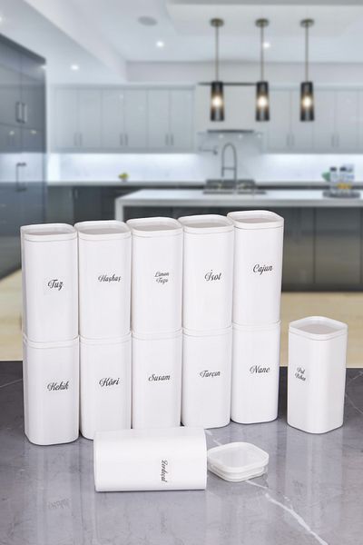 Lizzy 12-Piece White 300 ml Acrylic Vacuum Spice Rack with Lid and 24 Pieces of Labels as a Gift