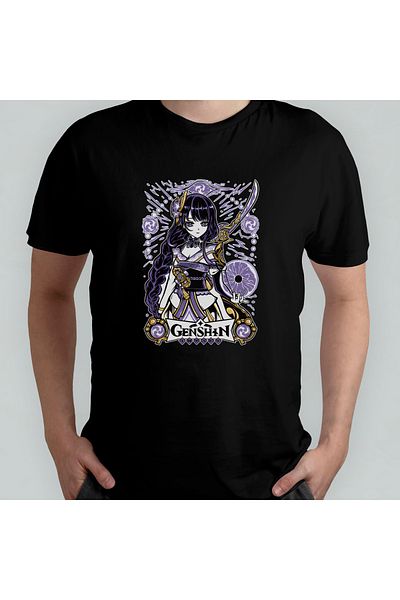 Pixxa Genshin Impact Raiden Shogun Unisex 100% Cotton Crew Neck T-Shirt Model 1