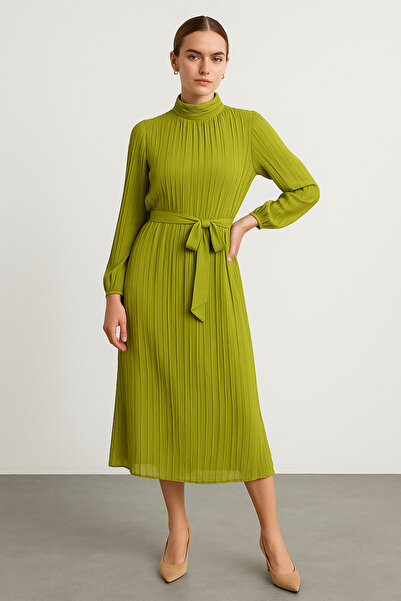 Noi Belis Olejově zelené maxi/dlouhé šifonové šaty s plisovanou tkanou podšívkou SS25EL0051