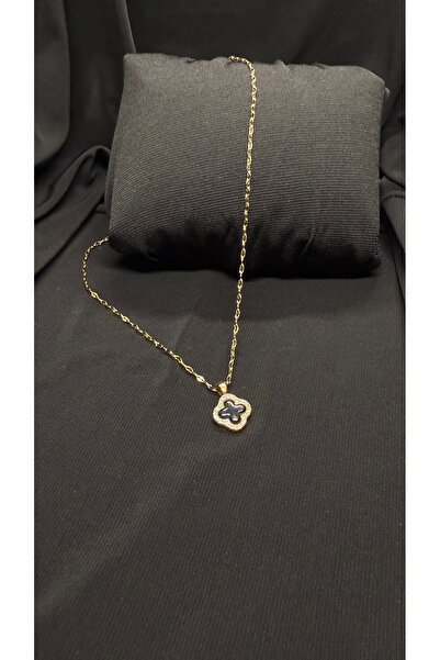 LUNESSA COLLETİONS SİYAH TAŞLI YONCA KOLYE PASLANMAZ ÇELİK GOLD