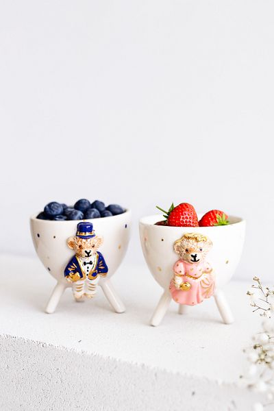 SİNEM YAMAN HOME Pink Navy Blue Boy and Girl Teddy Bear Ceramic Presentation Bowl