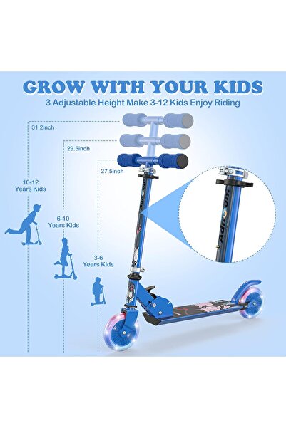 unbranded Lightweight and Foldable Scooter for Kids with LED Wheels, Adjustable Heights, Blue Color, Suitable