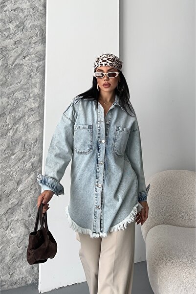 DESTEMODA Women's Denim Jacket Shirt Collar Skirt Tassel Denim Jacket Ice Blue 4512