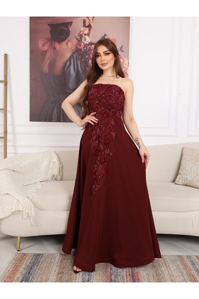 Nice Model Burgundy Sequined Strapless Evening Gown Long Formal Prom Dress Maxi Embellished Party Dress