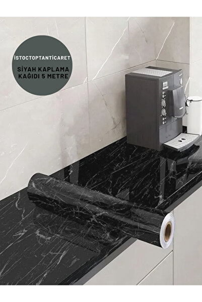 ittistoctoptanticaret 5 Metre Siyah Mermer Desenli Yapışkanlı Mutfak Banyo Do...