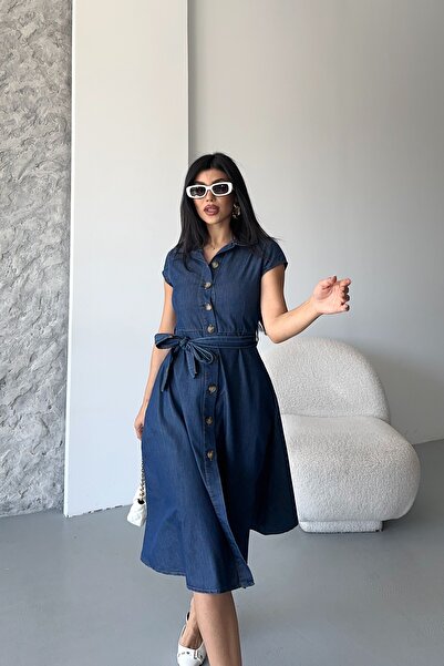 DESTEMODA Kadın İnce Kot Elbise Koyu Mavi 3500