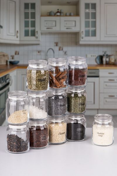 Lizzy 12-Piece Acrylic Vacuum Glass Spice Jar with Lid 300 ml 24 Pieces with Labels as Gifts