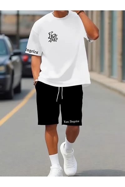 AEMİ Men's La Los Angeles Printed Oversize T-Shirt Shorts Set