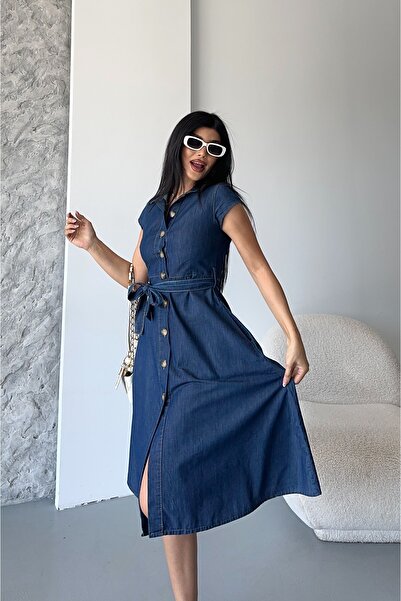 DESTEMODA Kadın İnce Kot Elbise Koyu Mavi 3500