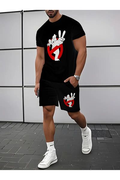 AEMİ Men's Ghostbusters Printed Oversize T-Shirt Shorts Set