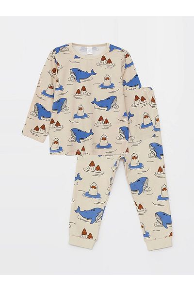 LC Waikiki Lcw Baby Beige Crew Neck Long Sleeve Print Baby Boy Pajamas Set