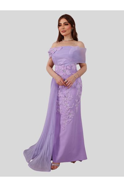 Nice Model Lavender Off-Shoulder Floral Applique Evening Gown with Pleated Train - Elegant Formal Dress