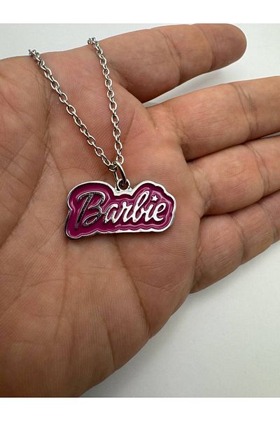 Herşey Nota Pink Barbie Logo Figured Necklace with Silver Writing – Stylish and Trendy Jewelry with 60 cm Chain
