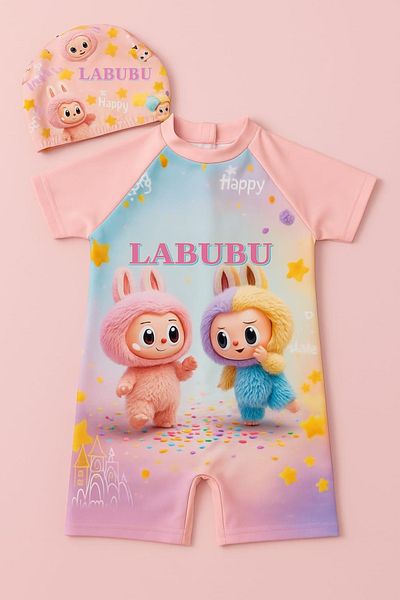 ARBİ kids Female Child Labubu Pink Boned Short-Sleeve Zipper Double Swimsuit Holiday