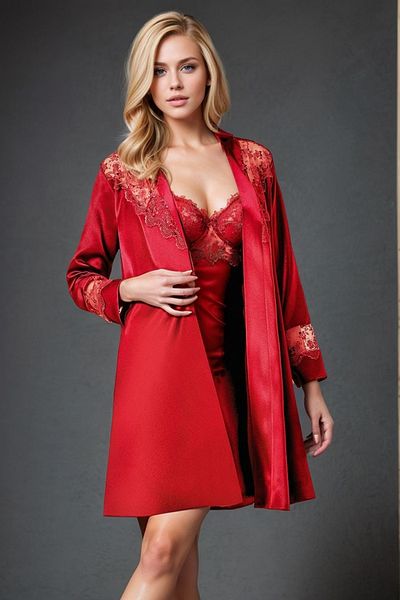 Loule Women's Clothing Lace Detailed Covered Rope Strap Nightgown & Dressing Gown 2-Piece Set O1.Nrt.L00.I46
